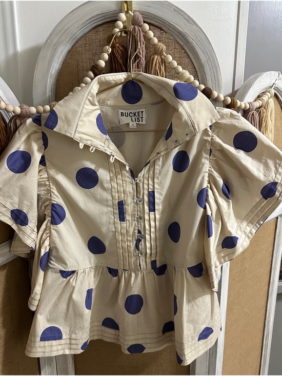 BUCKETLIST Tops - BUCKETLIST Cream Blouse with Blue Polka Dots